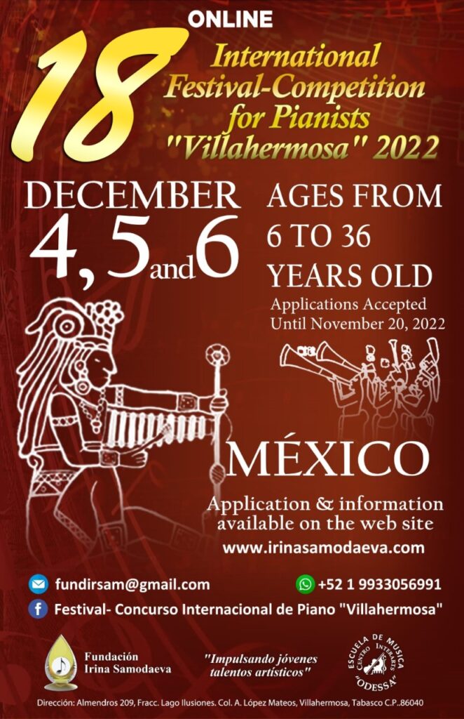 invitan a un Concurso Internacional de piano en Villahermosa , Tabasco, México 